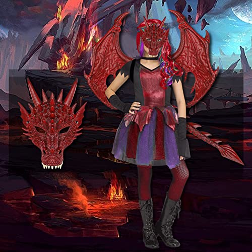 Hyperfun Dragon Wings Costume For Kids Dinosaur Tail Mask Set, Cool Halloween Costume Cosplay Dragon Costume Mask For Children Boys (Flame Red) #TOP6