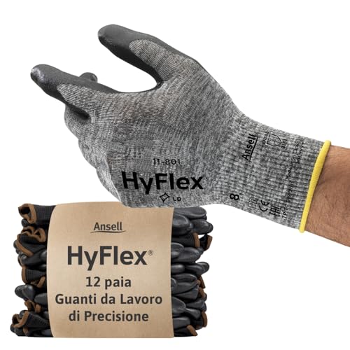 Ansell HyFlex 11-801 Guanti da Lavoro Professionali, Rivestimento in Nitrile Resistente all'Abrasione, Protezione Professionale per Usi Generali e Meccanici, Grigio, Taglia L (12 Paia)