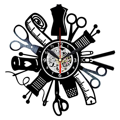 Reloj de pared de vinilo de costura, arte de disco vintage, coser decorativo, regalos de edredones