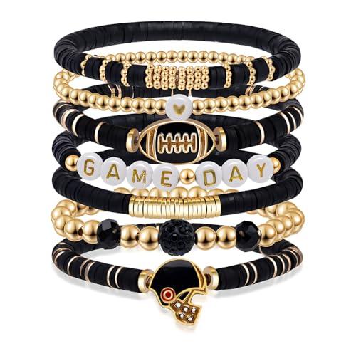 Artlunar Game Day Football Bracelet Stack for Women Men - Stackable Charm Bracelet Accessories for Football Mom Outfit Jewelry (Black)