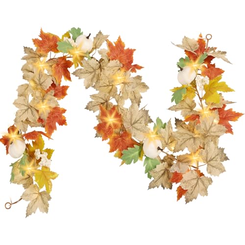 Image of Fall Garland with Lights, 5.6FT Lighted Fall Leaves Garland with Pumpkins, Battery Powered Maple Leaf Decorations for Home, Thanksgiving Fall Decorations Fireplace Proch Indoor, Timer