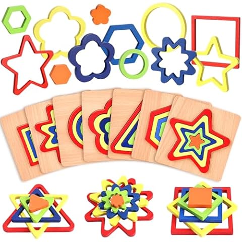 MCPINKY 7 Sets Wooden Shape Sorting Puzzles, Montessori Toys Kids Puzzles Preschool Wooden Sensory Toys Age 1-3 Cover
