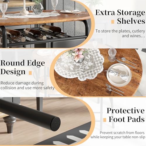 Image of VECELO 3-Piece Dining Table Set for Kitchen Breakfast Nook, Wood Grain Oval Tabletop and Metal Frame with Built-in Wine Rack, for Small Spaces, Antique Brown & Black