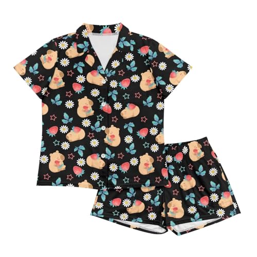 Image of Women's Short Sleeve Sleepwear Button 2 Piece Plus Size Pajamas Casual Soft Stretchy Funny Nightwear with Pockets