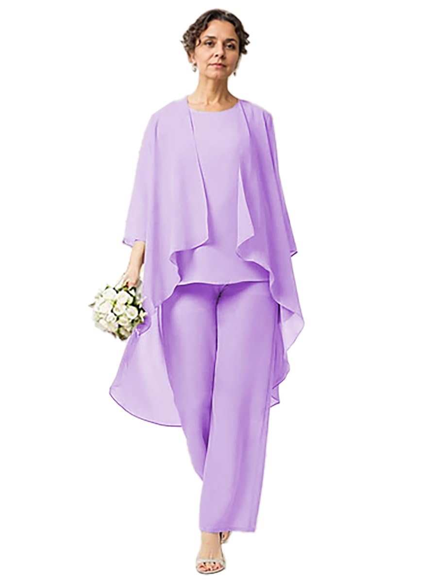 Mother of The Bride Pant Suits 3 Pieces Chiffon Outfit Sets for Wedding Jacket Vest Pant Suits Lilac 16
