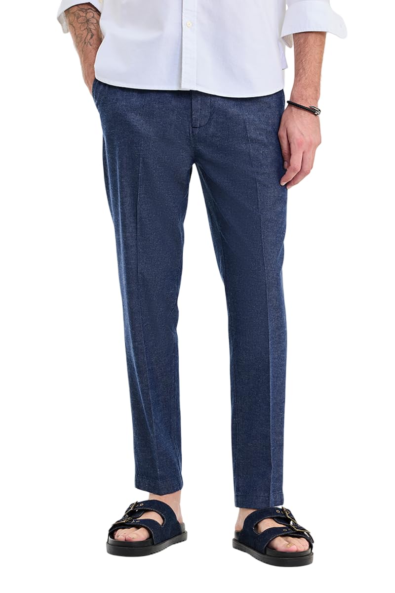 snitch Men Trousers Casual Wear | Regular Fit Textured Pattern Straight Leg & Turned-Up Hem | Breathable Cotton Blend & Lightweight Linen Fabric for Summer & Daily Use-picture-25