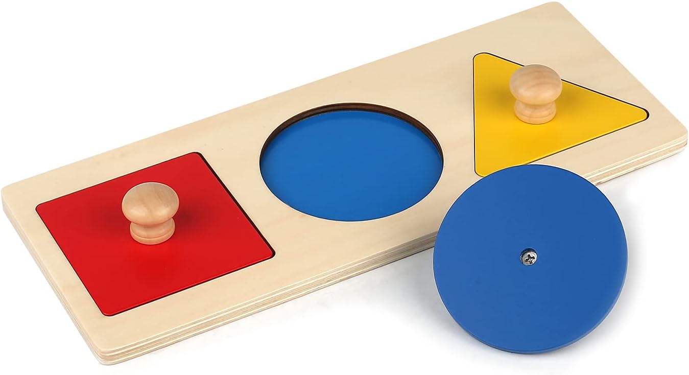 Montessori Multiple Shape Puzzle First Shapes Jumbo Knob Wooden Puzzle Geometric Shape Puzzle Toddler Preschool Learning Material Sensorial Toy for Toddler Shape & Color Sorter (3 Pieces)