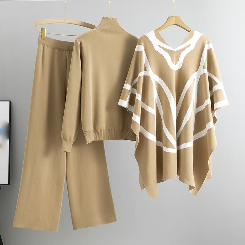 Suéter de punto para mujer con bufanda a rayas y pantalones anchos de máxima comodidad 2