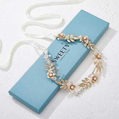 Sweetv Flower Girl Hair Accessories For Wedding Headpieces Flower-Leaf Girls Headband Princess Crystal Pearl Hair Pieces For Birthday Party, First Communion #TOP3