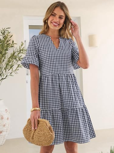 Image of Caracilia Dresses for Women Summer 2026 Striped V Neck Ruffle Sleeve A Line Tiered Flowy Casual Mini Beach Dress with Pockets