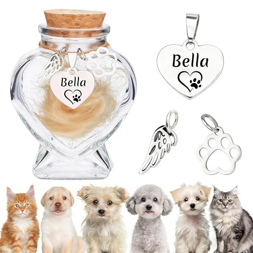 Custom Pet Fur Keepsake Dog Fur Keepsake Personalized Pet Hair Memorial Keepsake Bottle Dog Hair Keepsake with Engraved Name Text Icon for Fur Whiskers or Ashes (Heart)