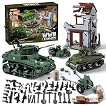 WW2 Army Tank Building Sets Compatible with Lego (1452 Pieces), Includes US Sherman & Stuart Tanks, War-Torn House, Military Motorcycle and Weapons, Ideal Military Toys Gifts for Kids & Adults