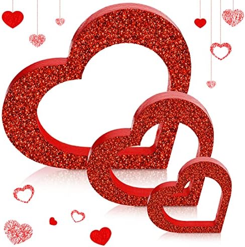 3 Pcs Valentine’s Day Heart Wooden Sign Glitter Rustic Heart Shape Wood Decor Tabletop Centerpiece Heart Decor Freestanding Love Table Decoration for Wedding Desk Office Shelf Home Decor (Heart)