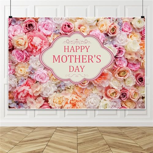 Renaiss 10x7ft Happy Mother's Day Backdrop for Photoshoot Family Portrait Pink Champagne Rose Flowers Mother's Day Photography Background Mother's Day Banner Party Decors Photo Studio Booth Props