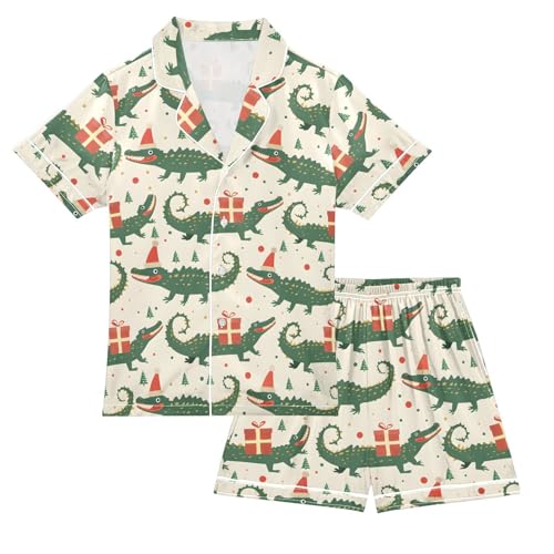 ALAZA Crocodile Dot Merry Christmas Satin Pajamas Set Short Sleeve Button Down Sleepwear Summer Pjs 2 Piece