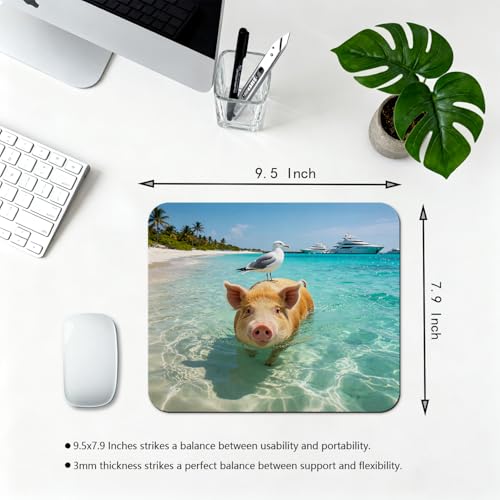 7AN.M Caribbean Swimming Pig with Seagull Gaming/Office Mouse Pad 9.5" x 7.9", Tropical Beach Pig Desk Mat for Summer Vacation Vibes
