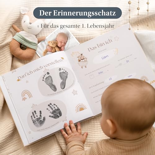 EULENTALER® Das Babyalbum mein erstes Jahr \SCANDI\ I Von Pädagogen gestaltet I Mit handgemalten süßen Illustrationen I Leinencover + Farb/Goldprägung I Babytagebuch für Jungs & Mädchen zur Geburt
