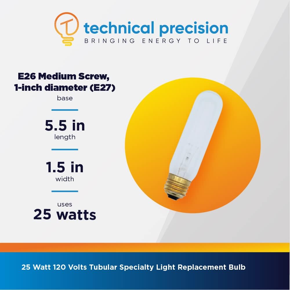 Technical Precision 25W 120V Tubular Light Bulb Replacement for Light Bulb/LAMP LR58060 T10 Bulb Curio Cabinet Light Bulb - E26 Medium Screw Base - 900 Hours Rated Life - Tuff Coated - 1 Pack