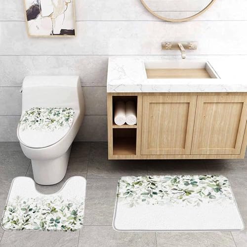 VPUPCN Green Leaves 3 Pcs Bath Rugs Set,Sage Green Eucalyptus Leaf Watercolor Nature Floral Plant Botanical Spring Bathroom Kitchen Rug with 16