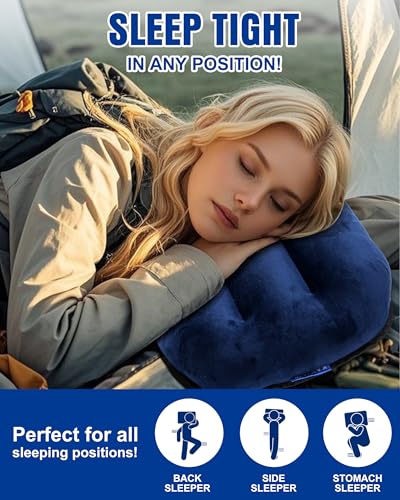Image of Inflatable Camping Pillow - Ultralight Compact Travel Pillow, Picnic-Blue | Beach, Blow Up, Portable, Sleeping Bag Pillow, Backpacking, Soft Velvet Cover, Machine Washable Air Pillow