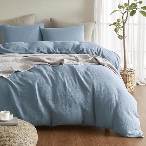 SE SOFTEXLY Muslin Duvet Cover Queen Size, 100% Washed Cotton Duvet Cover Set, Ultra Soft Comforter Cover Linen Like, 3 Pieces Minimalist Gauze Duvet Cover with 2 Pillowcases, 90"x90", Blue