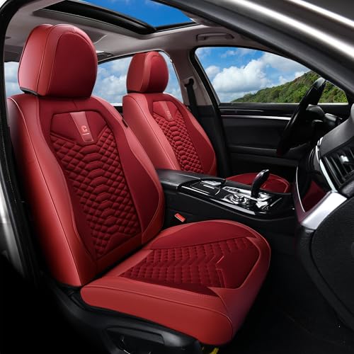 Image of Coverado Car Seat Covers Full Set, Red Seat Covers for Cars 5 Seats, Breathable Fabric& Faux Leather Car Seat Cushions, Front and Rear Car Seat Protectors, Universal Seat Covers Fit for Most Vehicles