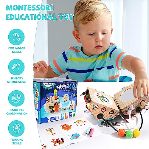 Maycoly Busy Board Baby 15-in-1 Busy Activity Cube Fidget Cube Stresswürfel Anti Stress Spielzeug Aktivitäts Würfel Spielzeug Holz Montessori Lernspielzeug Activity Board für Kleinkinder ab 3 Jahren