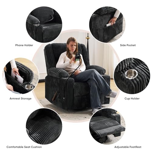 Image of Oversized Manual Recliner Chair with Arm Storage,Swivel Rocker Recliner Chair for Adults with Adjustable Headrest,Nursery Glider Recliner with Phone Stand and Side Pockets for Living Room,Dark Grey