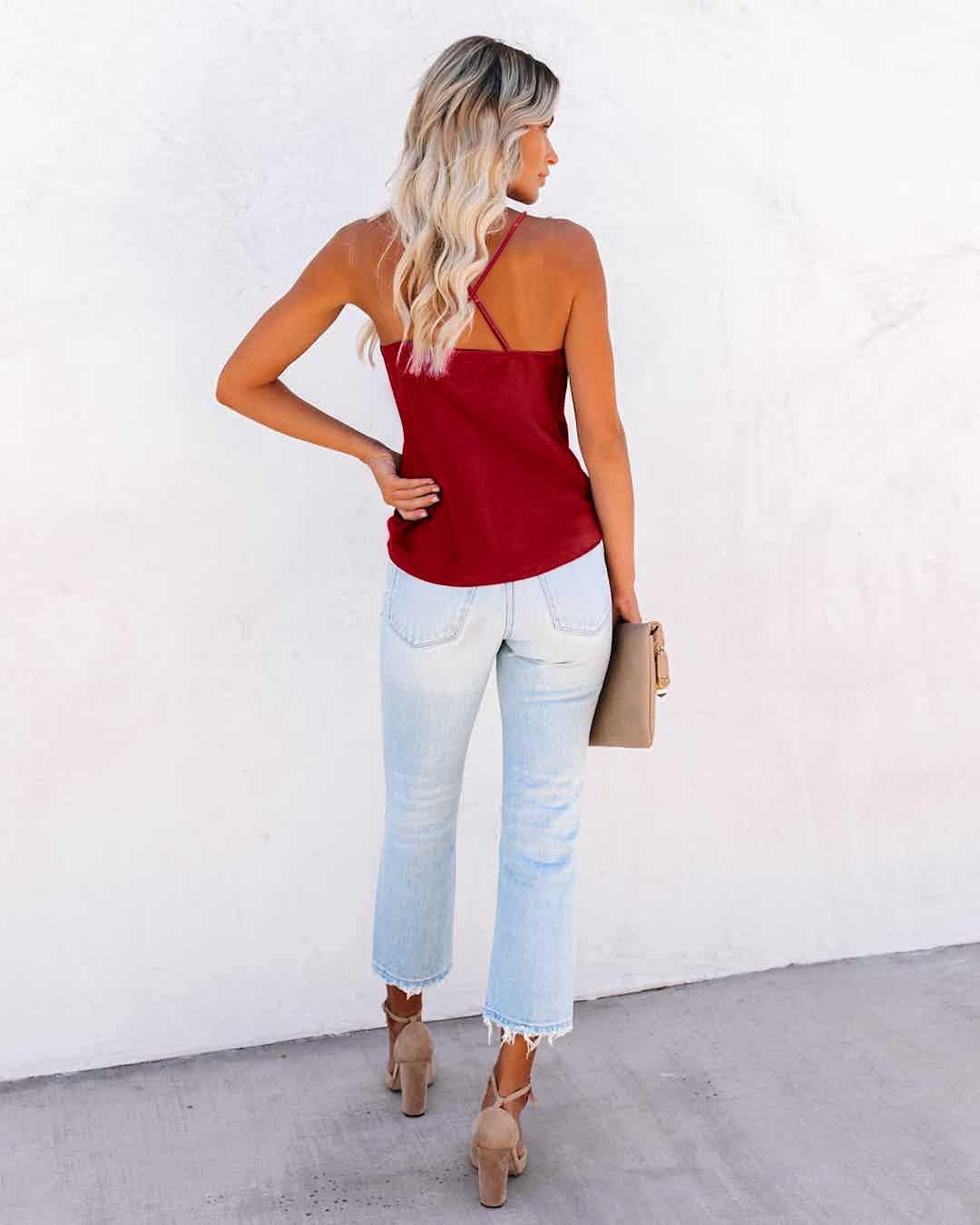 Aoulaydo Women's Spaghetti Straps V Neck Satin Camisole Cowl Neck Cami Tank Top Silk Camisole Sleeveless Blouses - Image 3