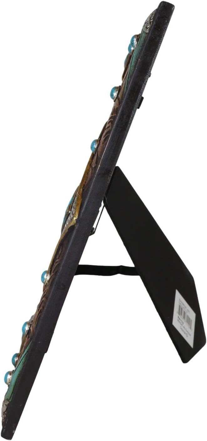 Ebros Gift Rustic Western Turquoise Gems Faux Floral Tooled Leather Diamond Silver Nail Pins Easel Back Or Wall Hanging Picture Frame for 5"X7" Photo Cowboy Cabin Lodge Farm House Accent