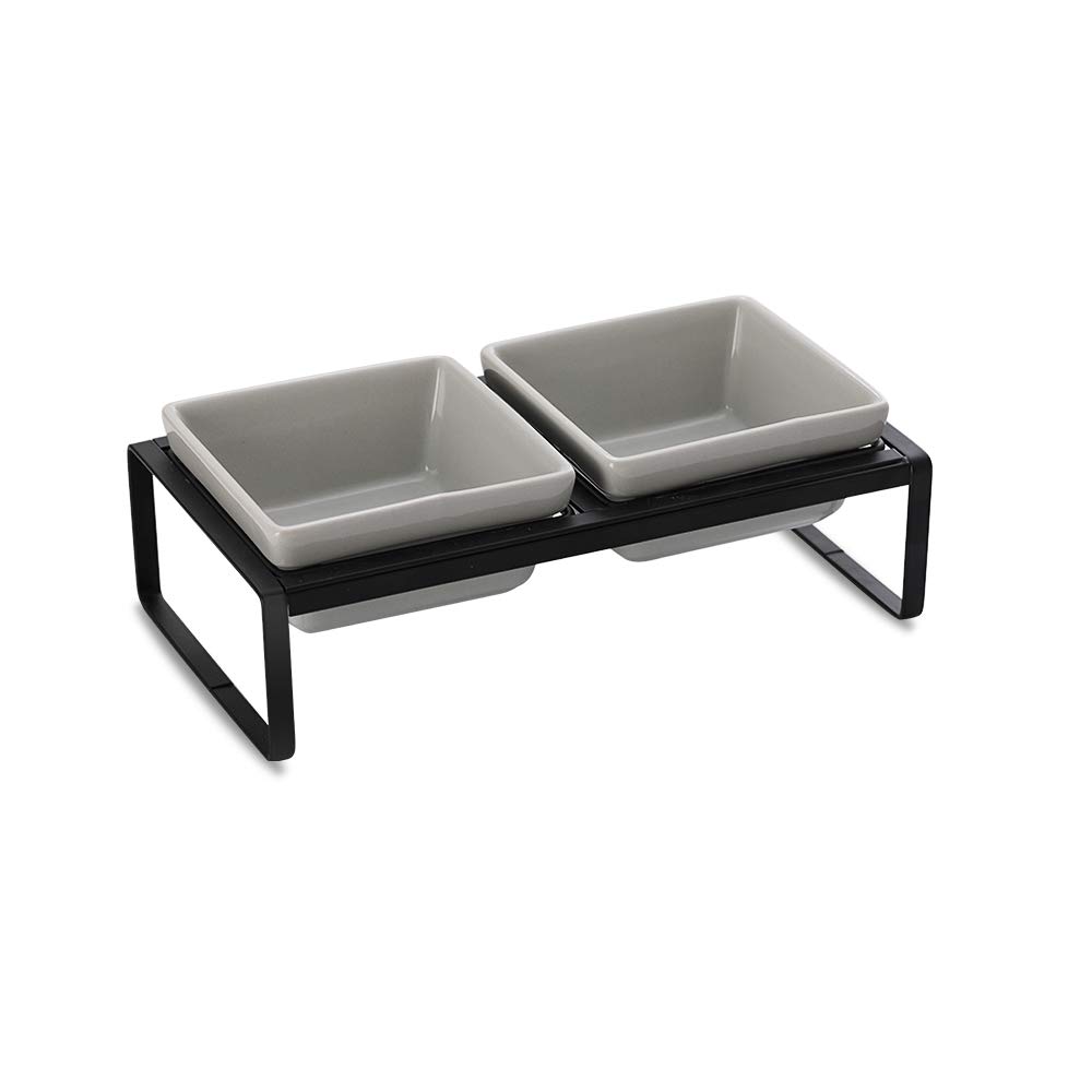 Gris Comedero Gato Comedero Perro - Comedero Elevado Gato con Soporte - Comederos para Gatos Perros Pequeño y Mascotas - Doble Cuenco de Ceramica para Agua Comida 280ML×2