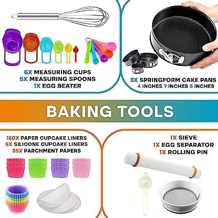 RFAQK Cake Decorating Supplies, 500 PCs Cake Decorating Kit 3 Springform Cake Pans, 48 Piping Icing Tips, 7 Russian Nozzles, Cake Rotating Turntable, Chocolate Mold, Baking Supplies, Cake Baking Tools
