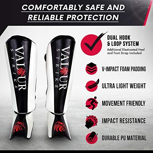 Valour Strike Shin Guards for Kickboxing Muay Thai MMA Karate Martial Arts Taekwondo or Kick Boxing | Sparring Pads to Guard Leg Foot & Instep | Protective Equipment for Safe Support in Training