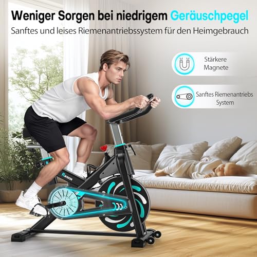 Heimtrainer Fahrrad, Riksion Hometrainer mit Flüsterleisem Magnetwiderstand, Spinning Bike Indoor bis 160 kg belastbar, Robuster Rahmen, Verstellbarer Widerstand und Transportrollen Grün/Blau – Bild 4