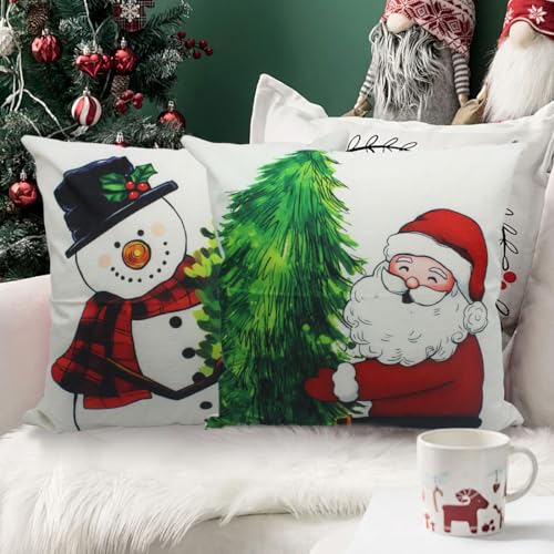 Image of PSDWETS Merry Christmas Pillow Covers 20x20 Set of 4 Christmas Decorations Santa Wreath Christmas Tree Claus Snowman Winter Holiday Decor Throw Cushion Case for Home