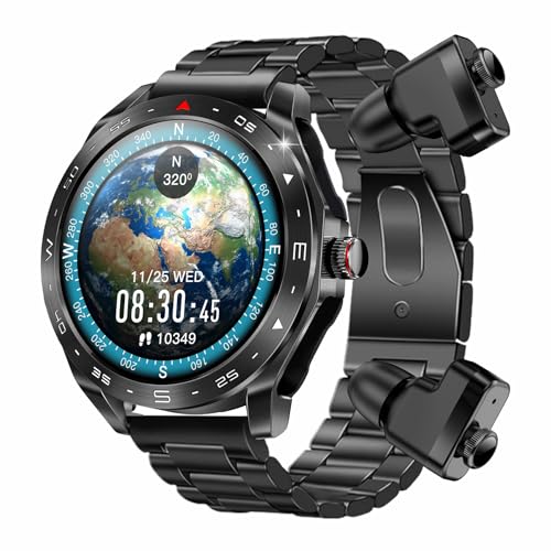 JUSUTEK 2025 人気 高級スマートウォッチ+TWSイヤホン2-in-1,1.52インチ丸型全金属腕時計,歩数計,両耳イヤホン,Bluetooth5.0,通話機能付き,電卓,呼吸訓練,DIY文字盤,消費カロリー,着信電話,Line通知,iphone