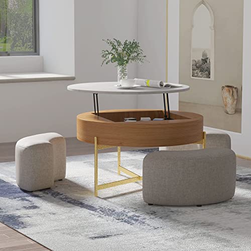 Mgh Round Coffee Table With Storage,Lift-Top Wood Coffee Table Lifts Up With Stools For Living Room,Office,Balcony (White),Ct1817 #TOP7