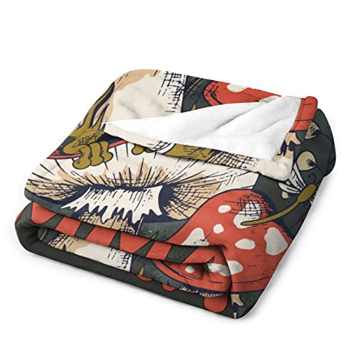 Mercuryelf Custom Mushroom Throw Blanket - Soft, Fuzzy & Warm - 60x80 Inches Flannel Blankets for Bed, Couch - Vintage Mushrooms Frog Throws Gift for Adults