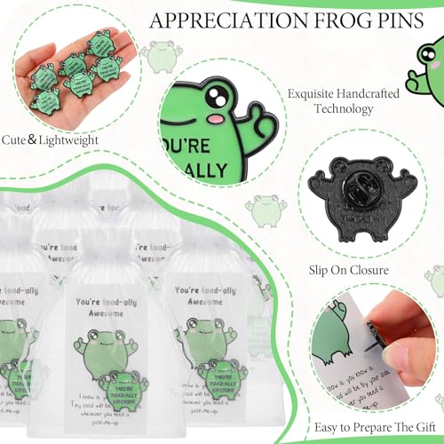 Lyrow 50 Pcs Appreciation Gift Pin Cartoon Cute Frog Brooch Collar Pin Cheer up Cards with Organza Bags Employee Thank You Gift Coworker Recognition Metal Badge Backpack Decoration3
