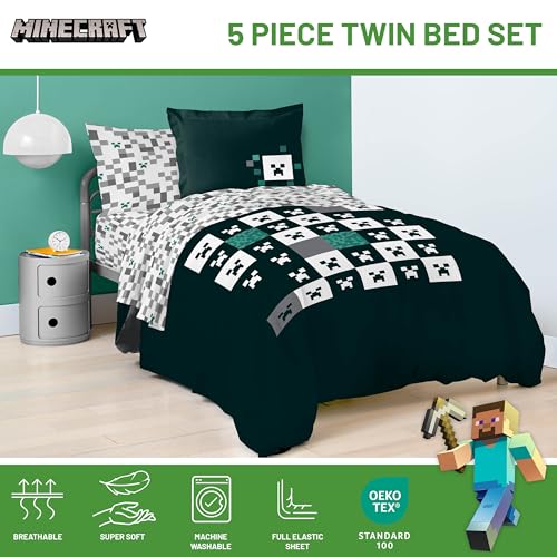 Image of Minecraft Creeper Twin Comforter Set 5 Piece Video Game Bedding, Green | Zombie Enderman, Bed in a Bag, Comforter Sheets Sham Pillowcase, Official Product, Microfiber, Machine Washable, Kids Gift