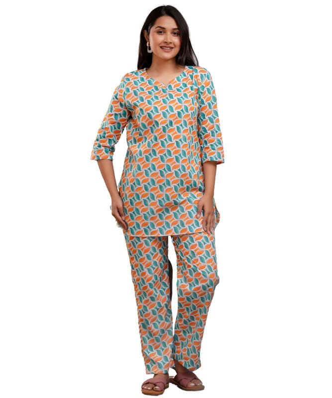 Image of Pure Cotton Printed Night Suit Set | Top Pyjama Set for Women | Night Dress of Kurta Pyjama Set for Women | Kurta Top Set