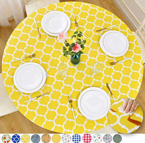 Rally Home Goods Indoor Outdoor Patio Round Fitted Vinyl Tablecloth, Flannel Backing, Elastic Edge, Waterproof Wipeable Plastic Cover, Yellow Moroccan Trellis Pattern For 6-Seat Table 43-56’’ Diameter #TOP26