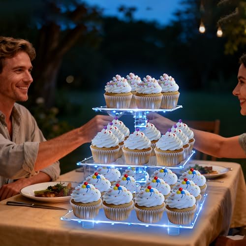 YestBuy 3 Tier Square Cupcake Stand - Premium Cupcake Holder - Acrylic Cupcake Tower Display - Cady Bar Party Décor + LED Light String - Ideal for Weddings, Birthday Parties( Blue Light) - Image 6