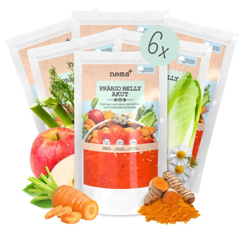 noms+ Präbio Belly Akut Topping für Hunde | 6X 200g | Pflanzliche Schonkost bei Magen-Darm-Beschwerden | mit Karotte nach Moro-Art | Präbiotika für eine gesunde Darmflora - Ready to eat