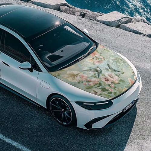 Image of Hummingbird Car Hood Protector, Countryside Floral Bird Can be Washed Automotive Exterior Accessories, Rural Hibiscus Car Hood Decoration and Protection