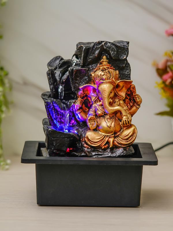CHRONIKLE Golden Brown Polyresin Tabletop Ganesha 3 Step Indoor Water Fountain for Home Decor with LED, Speed Control Pump (Size: 21 x 18 x 26 CM | Weight: 1025Gram)