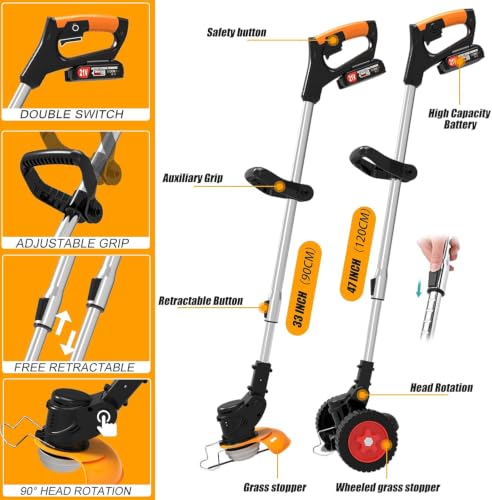 Image of Cordless Grass Cutter Machine for Garden | Weed Cutting Tool | Easy Storage with Adjustable Height & Foldable Handle | 2 x 48V Battery | 25cm Cutting Width | 3 x Heavy-Duty Blades (Old-Black)