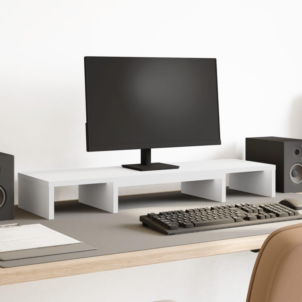 Supporto per monitor regolabile bianco, 80 x 24 x 10,5 cm, in legno per postazione di lavoro ergonomica, regolabile in altezza, con spazio portaoggetti, adatto per due monitor, ideale per