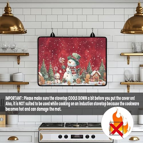 Image of Christmas Snowman Gingerbread Extra Large Stove Top Covers Water & Heat Resistant Mat for Kitchen Folding Square Glass Countertop Protector with Hooks Easy to Clean Christmas Decor
