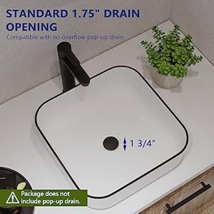 DeerValley 15 x 15 Bathroom Sinks Vessel Sink Square White Ceramic Bathroom Vessel Sinks Bath Sink Above Counter Vanity Sink Basin Sink Bowl for Bathroom White Body with Black Trim DV 1V0033